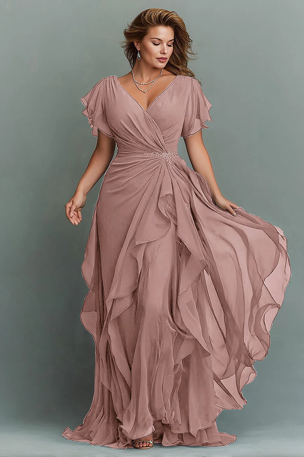 Navy Chiffon V-Neck Ruched Long  with Ruffles - VNBITS