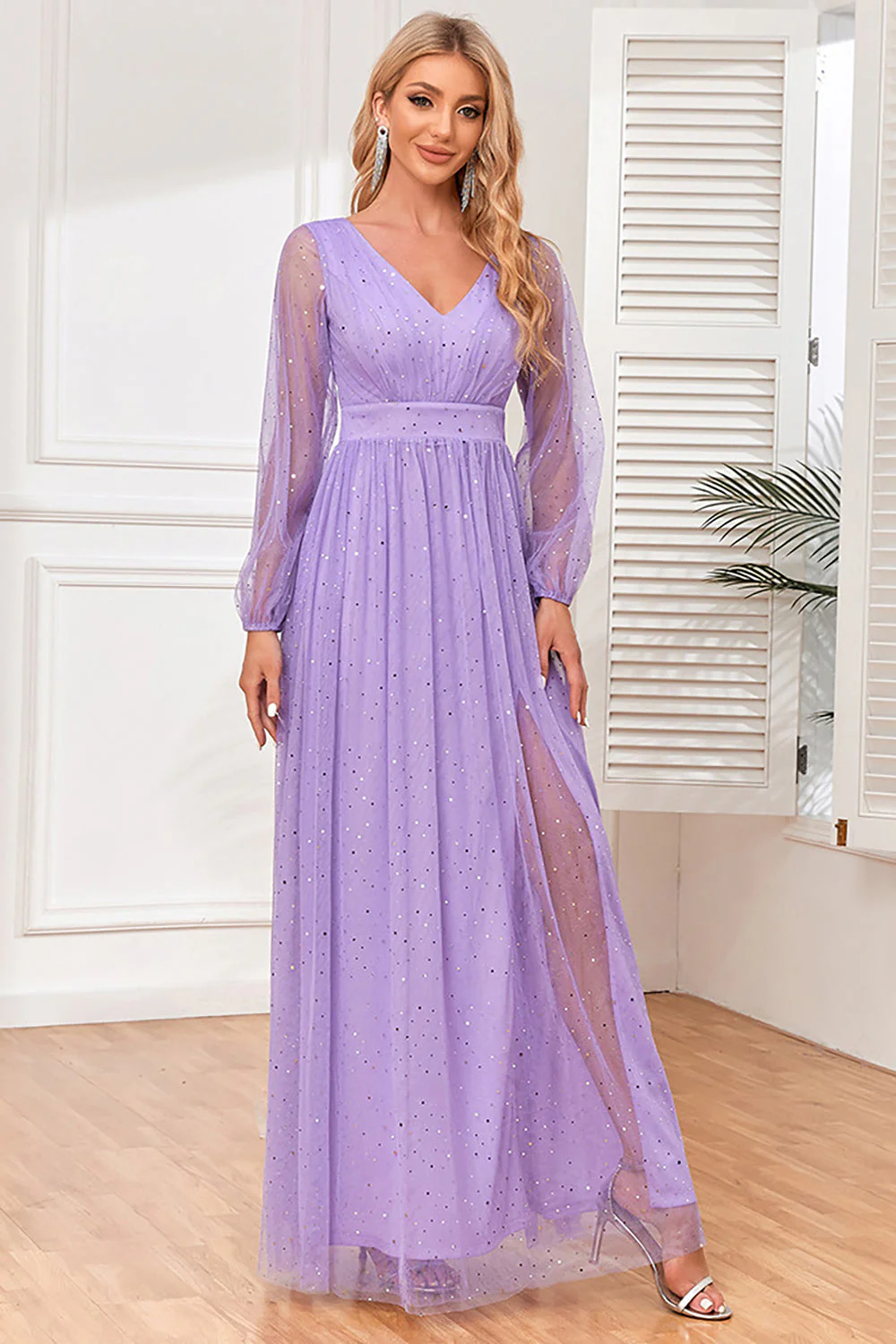 A-Line Long Sleeves Lilac Holiday Party Dress with Slit - VNBITS