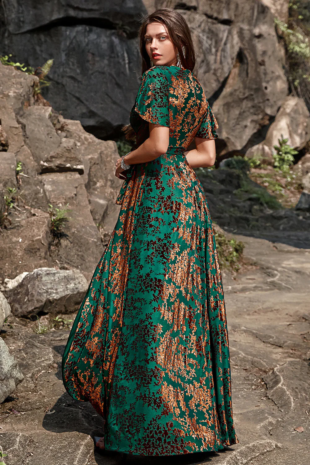 A-Line V Neck Dark Green Burnout Velvet Floor Length Prom Dress with Short Sleeve - VNBITS