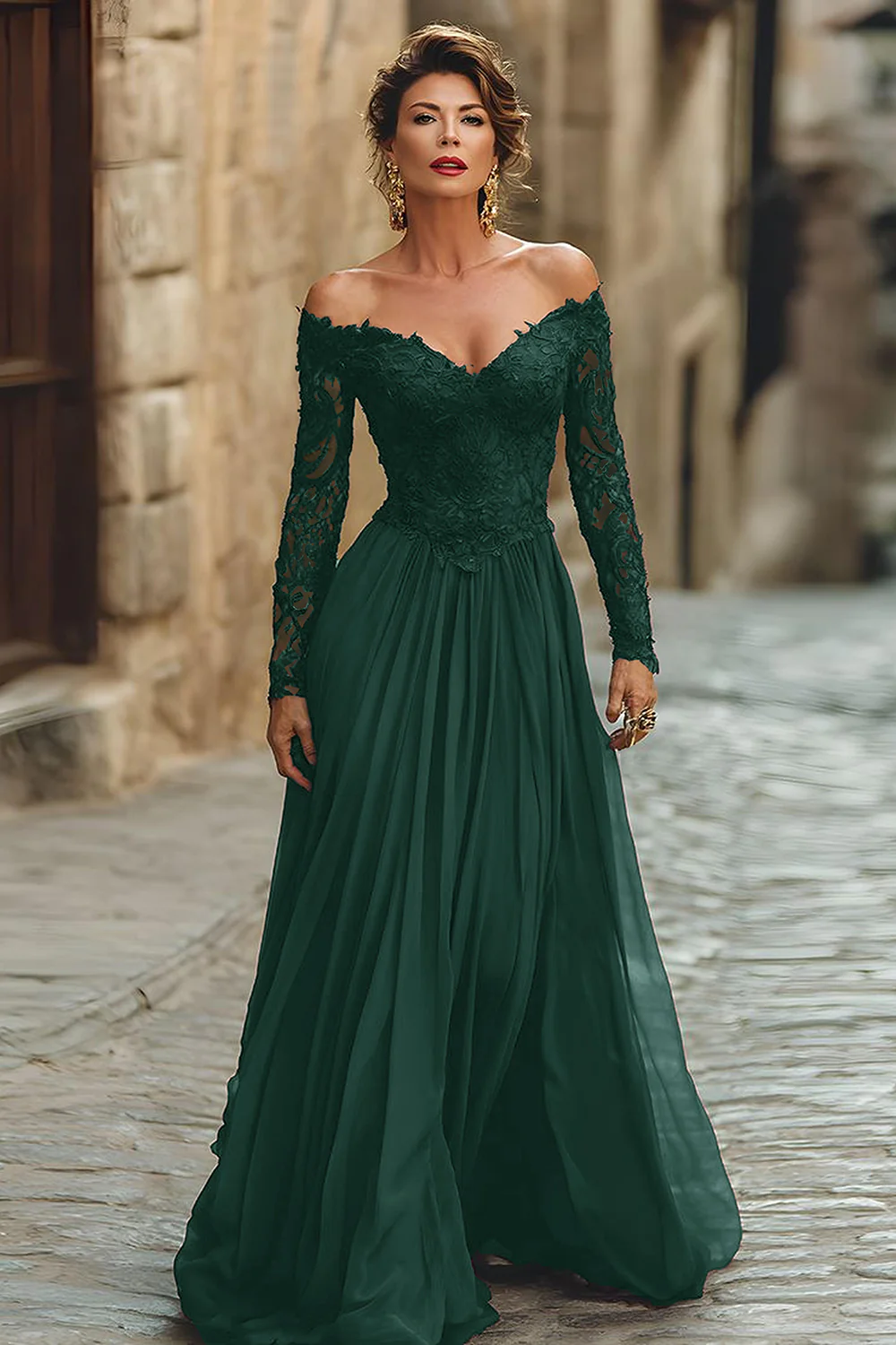 Cabernet Chiffon A Line Long Mother of the Bride Dress with Lace - VNBITS