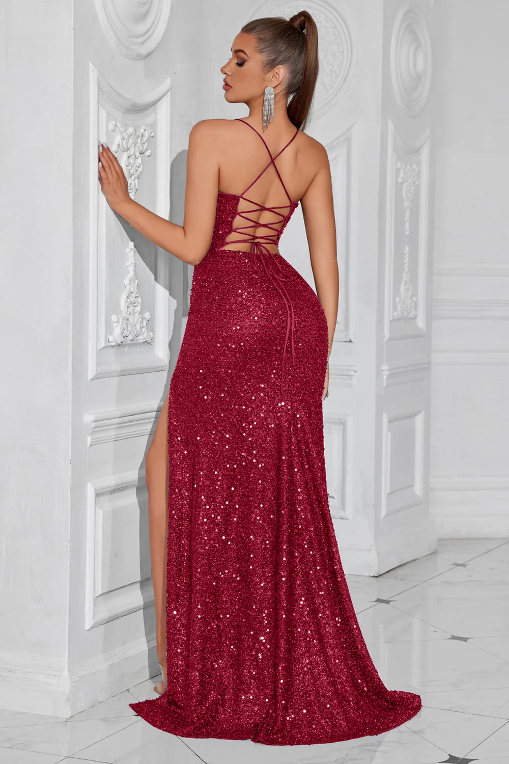 Sparkly Golden Sequin Spaghetti Straps Long Prom Dress with Slit - VNBITS