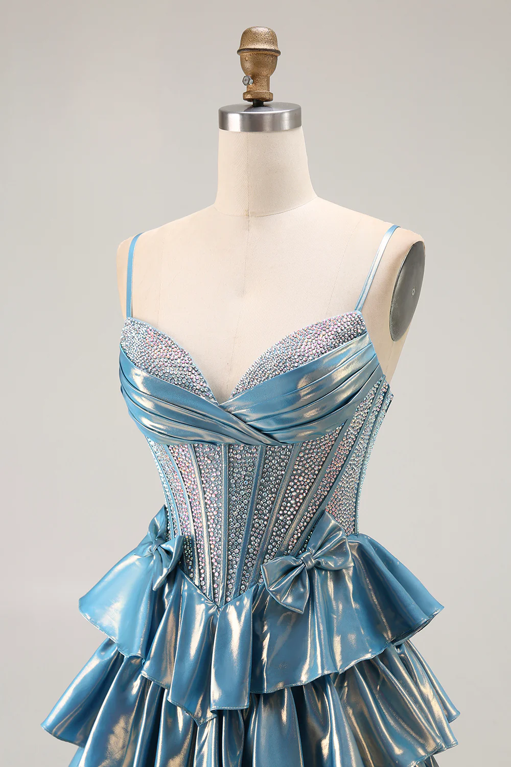 Sparkly Blue Ruffled Metallic Corset Beaded Long Prom Dress with Bow - VNBITS
