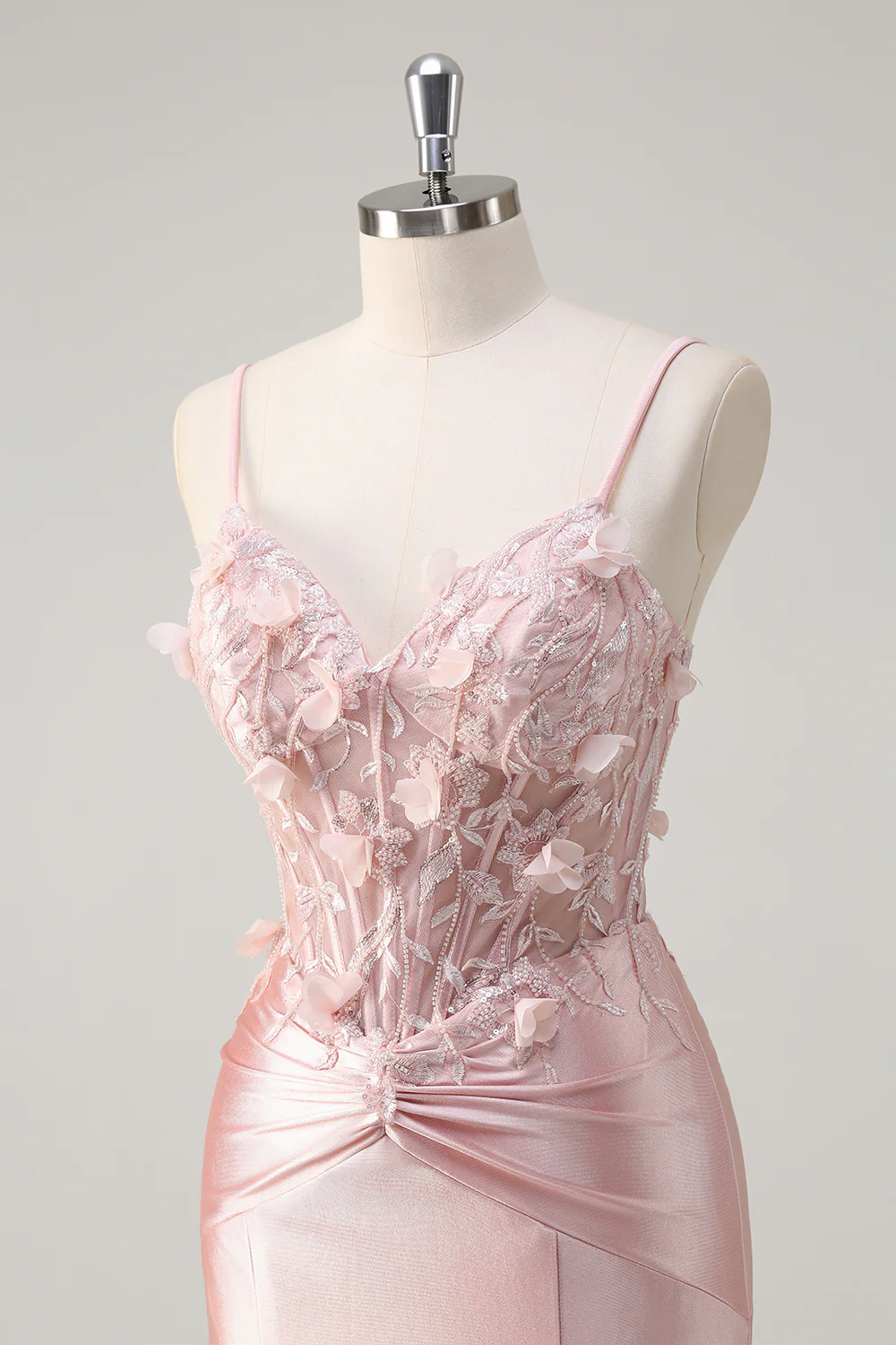 Pink Floral Mermaid Spaghetti Straps Beaded Long Prom Dress - VNBITS