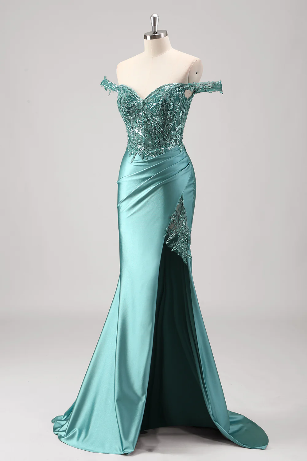 Grey Green Mermaid Applique Off The Shoulder Long Prom Dress with Slit - VNBITS