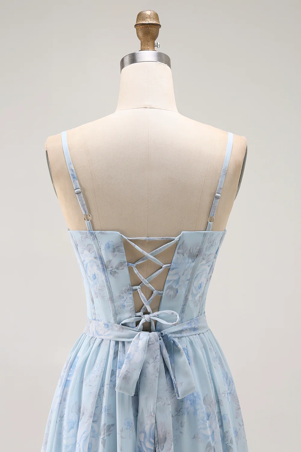 Blue A Line Floral Ruffled Long Bridesmaid Dress with Slit - VNBITS