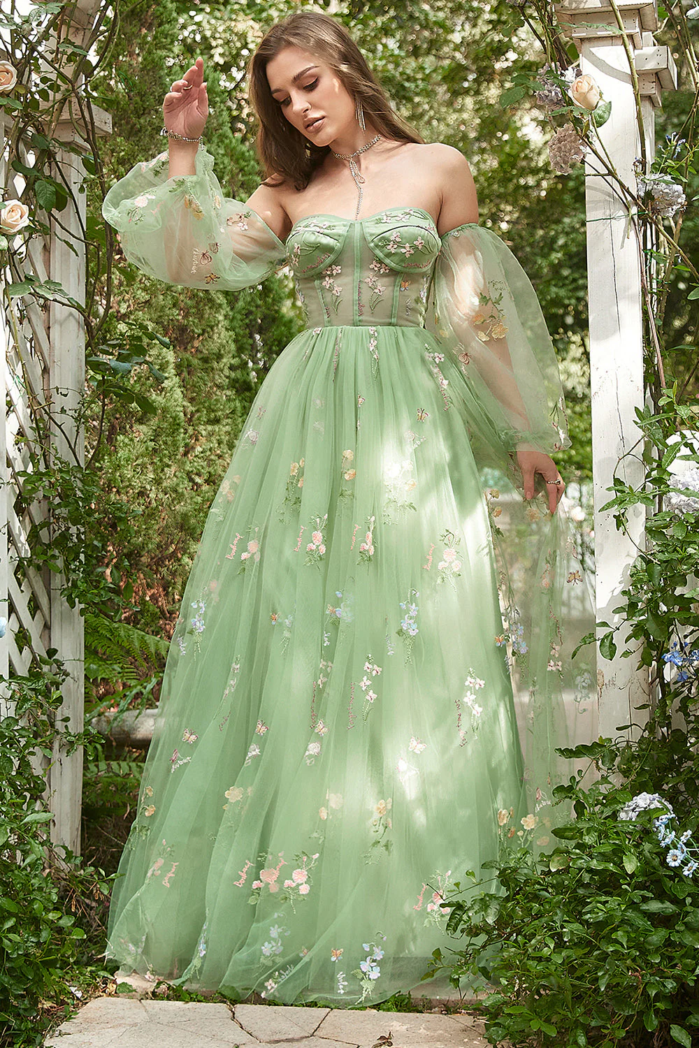 Off The Shoulder Green Long Sleeves A-Line Prom Dress - VNBITS