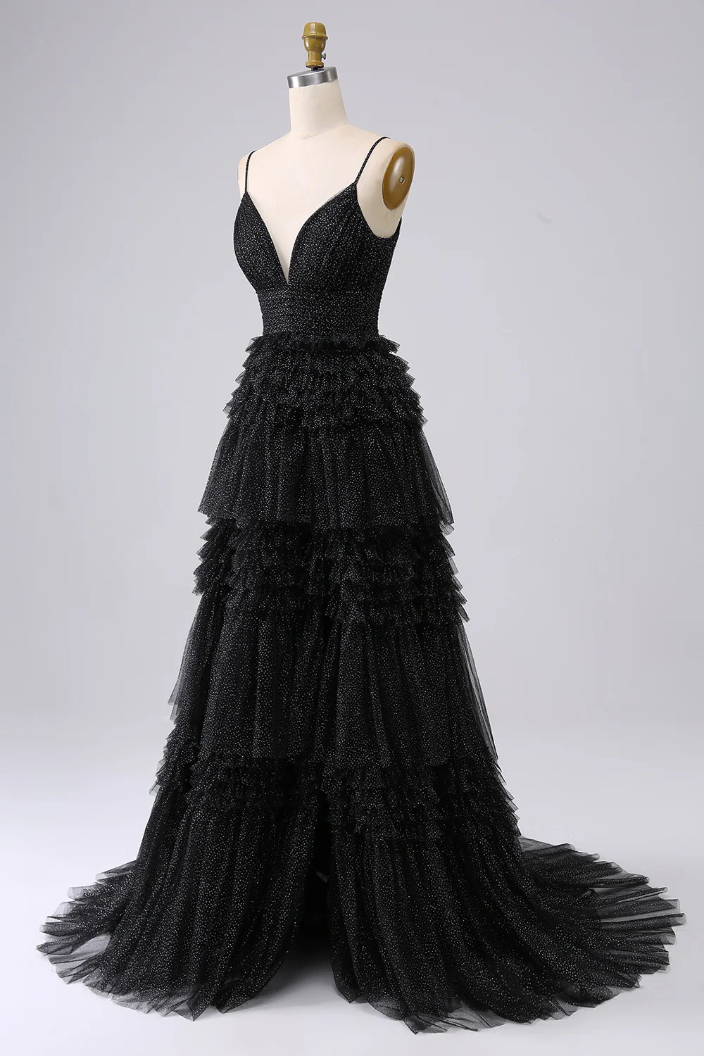 A Line Spaghetti Straps Navy Tiered Prom Dress - VNBITS