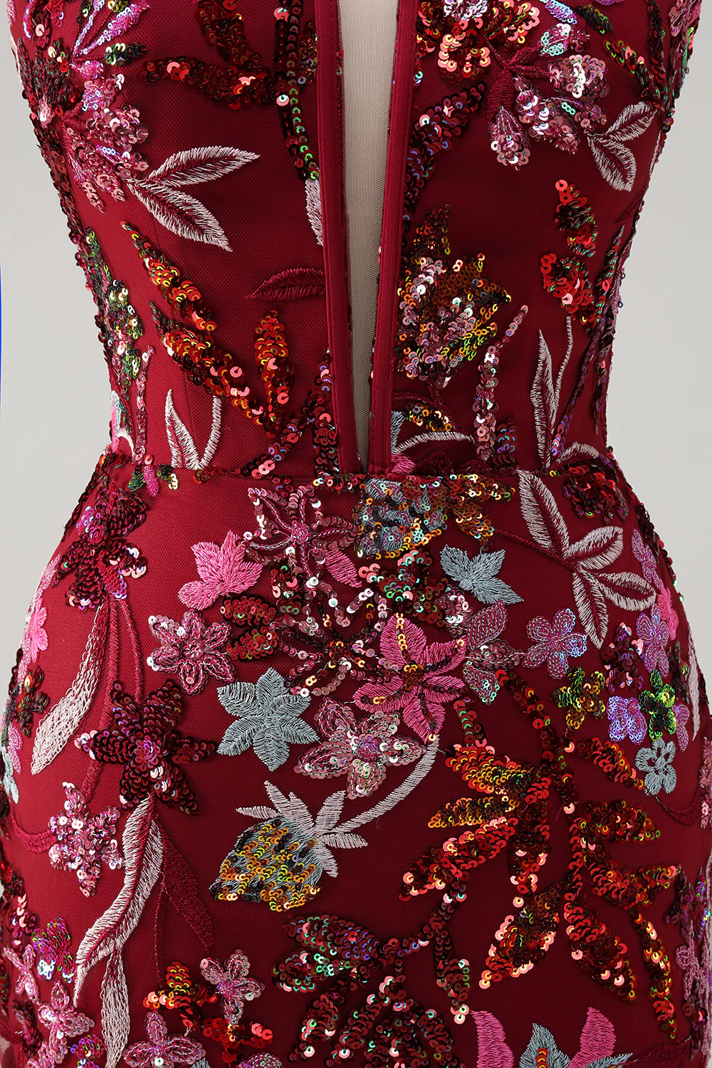 Sparkly Burgundy Floral Mermaid Spaghetti Straps Long Prom Dress with Slit - VNBITS