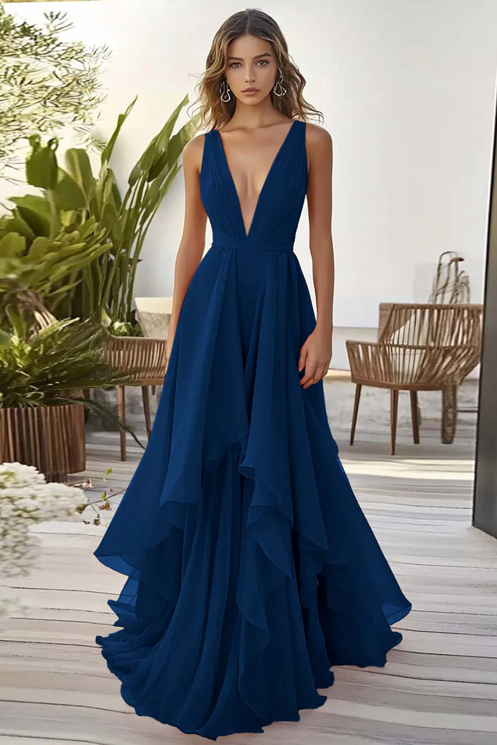 Orange Chiffon Deep V-Neck Long Wedding Guest Dress with Ruffles - VNBITS