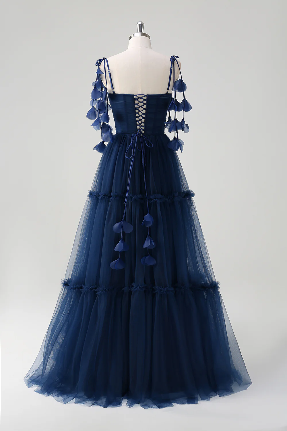 Navy Tie-Strap Tulle Corset Long Prom Dress - VNBITS