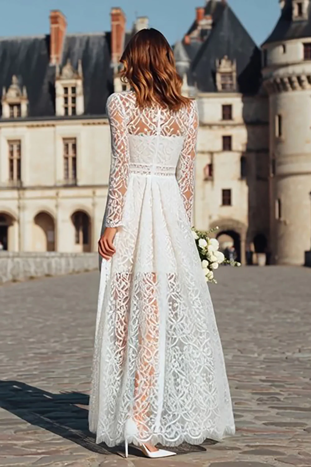 Ivory Sheath High Neck Long Boho Wedding Dress with Sleeves - VNBITS