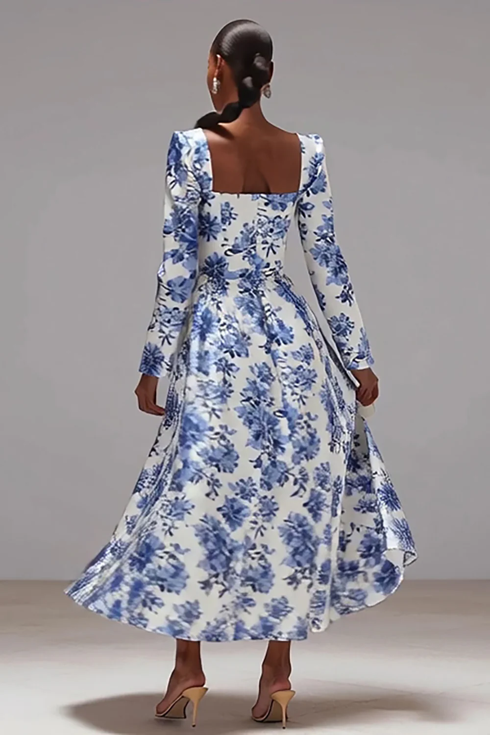 Blue and White Floral Square Neck A-Line Wedding Guest Dress with Sleeves - VNBITS