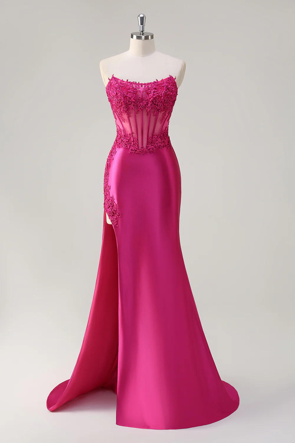 Fuchsia Mermaid Strapless Corset Appliques Long Prom Dress with Slit - VNBITS