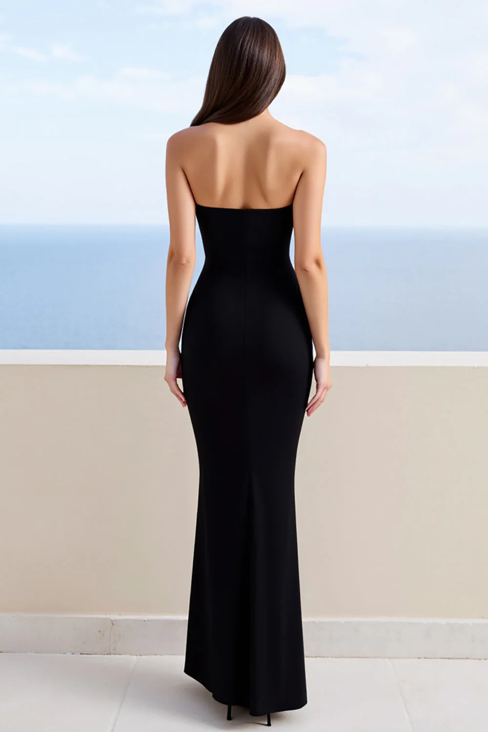 Black Strapless Sheath Satin Long Formal Dress with Slit - VNBITS