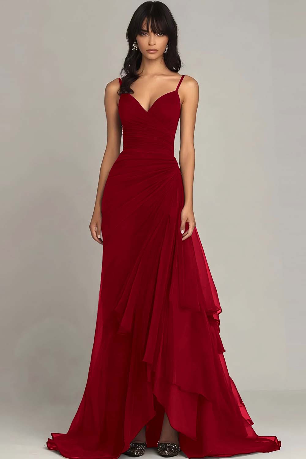 Ink Blue Sweetheart Ruched Chiffon Long Formal Dress with Ruffles - VNBITS