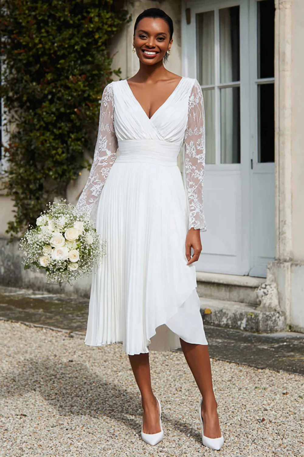 Ivory Pleated V-Neck Midi Engagement Dress with Lace - VNBITS