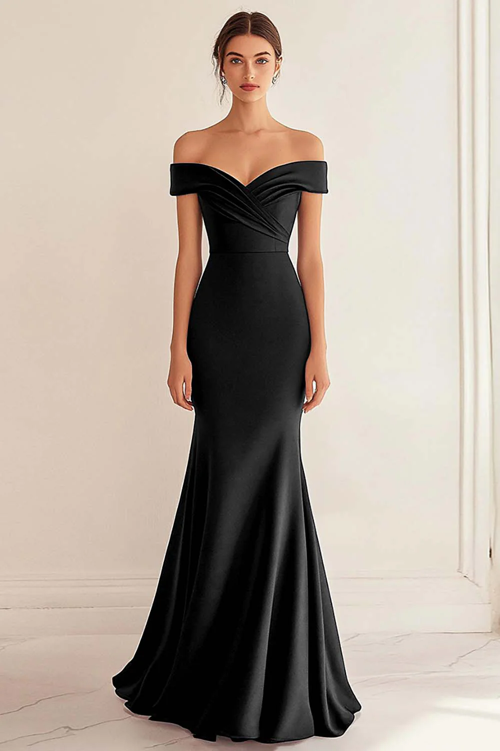 Navy Satin Off the Shoulder Sheath Long Formal Dress - VNBITS