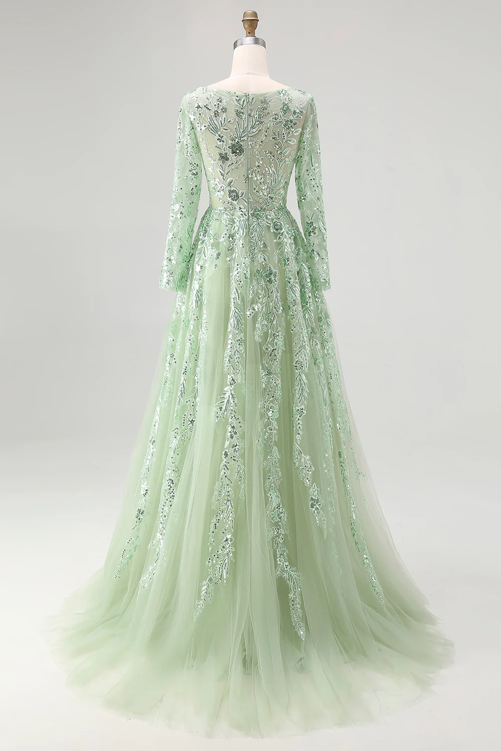 Dusty Sage Lace Applique Tulle V Neck Prom Dress with Long Sleeves - VNBITS