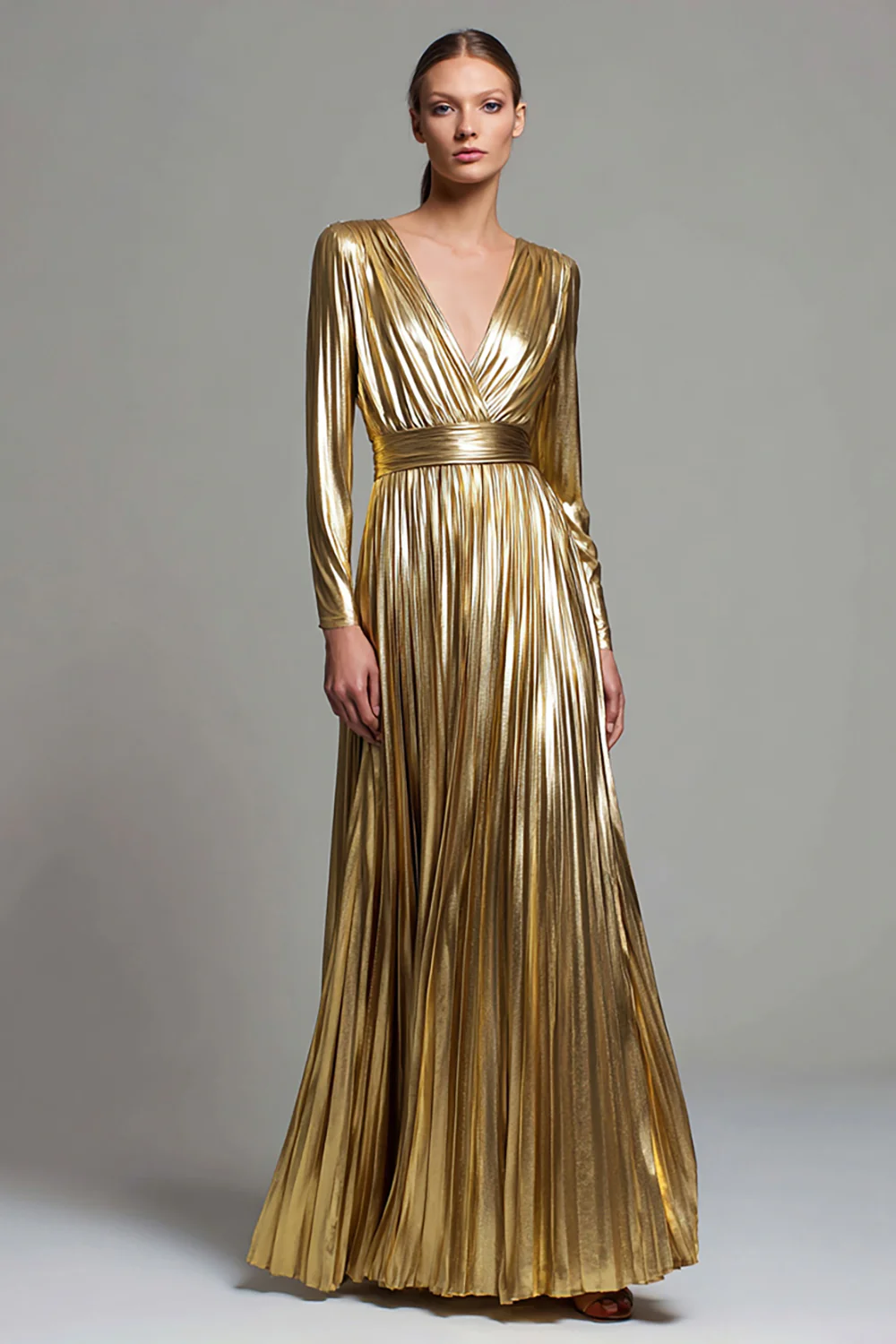 Sparkly Gold Metallic Pleated V-Neck Long Sleeves A-Line Long Formal Dress - VNBITS