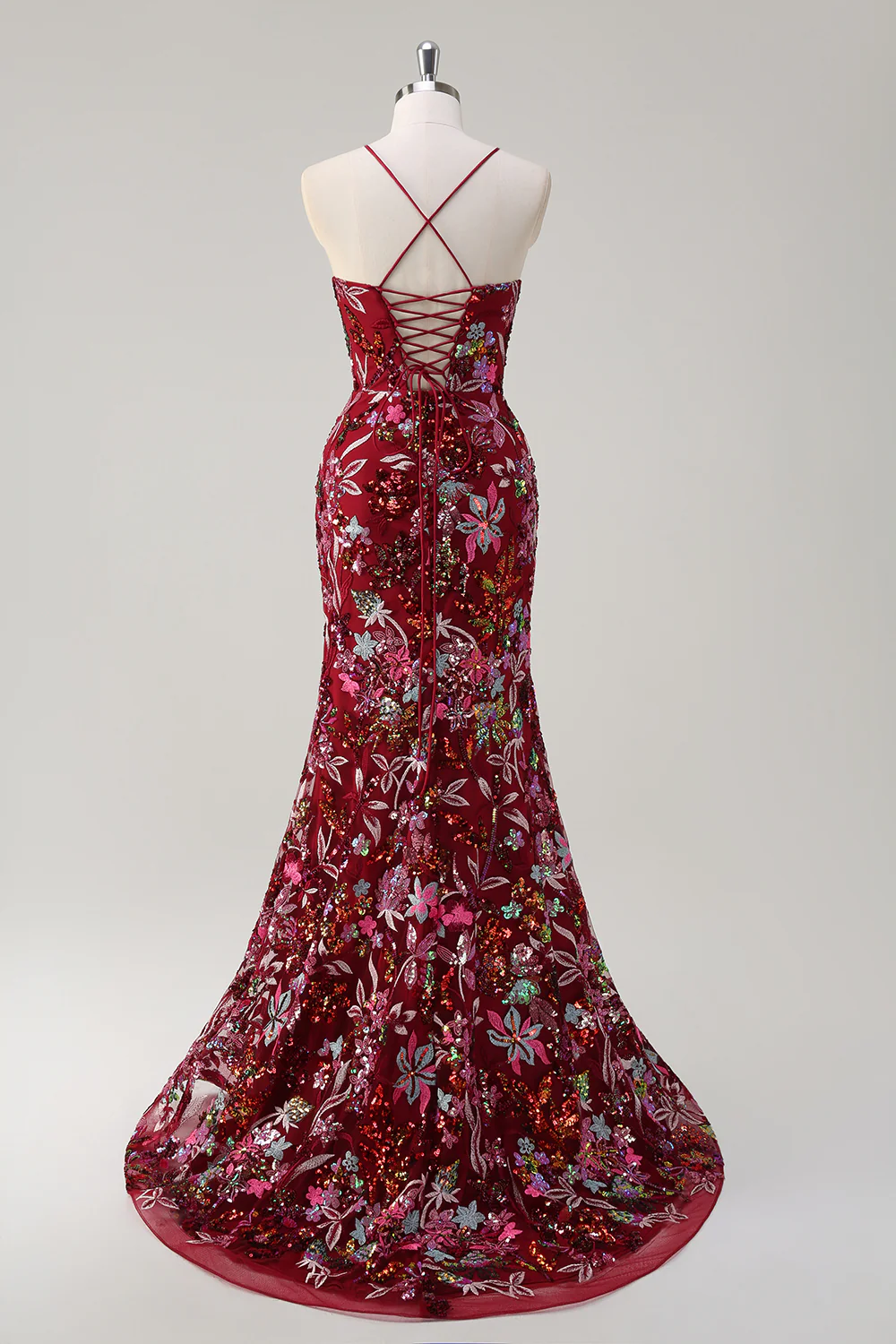 Sparkly Burgundy Floral Mermaid Spaghetti Straps Long Prom Dress with Slit - VNBITS