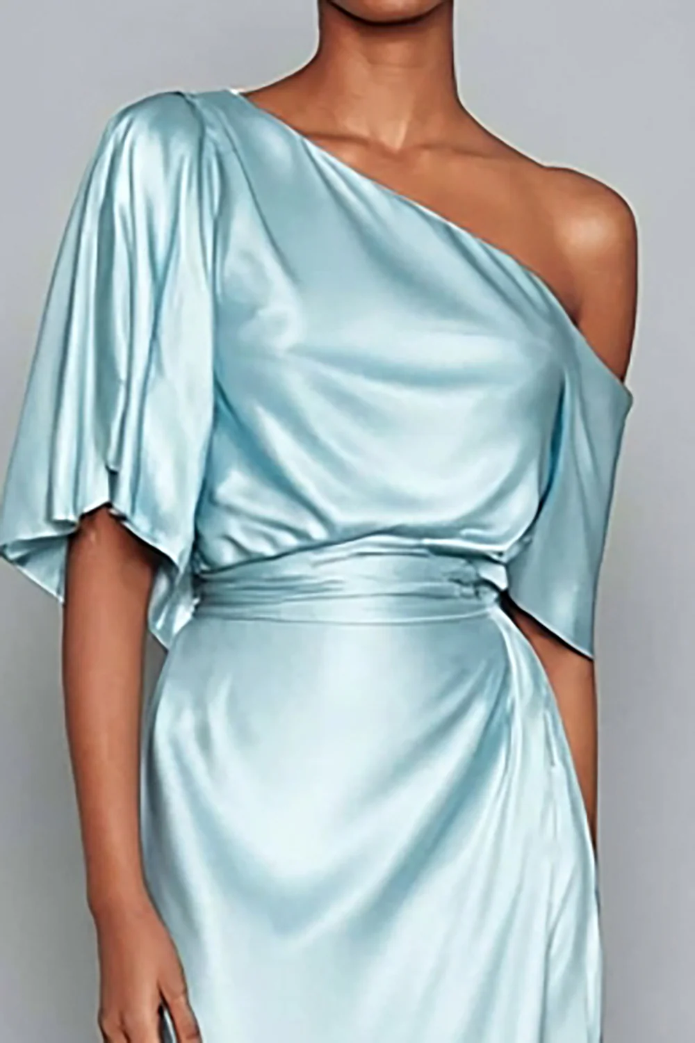 Light Blue One Shoulder Satin Mermaid Long Formal Dress with Sleeves - VNBITS