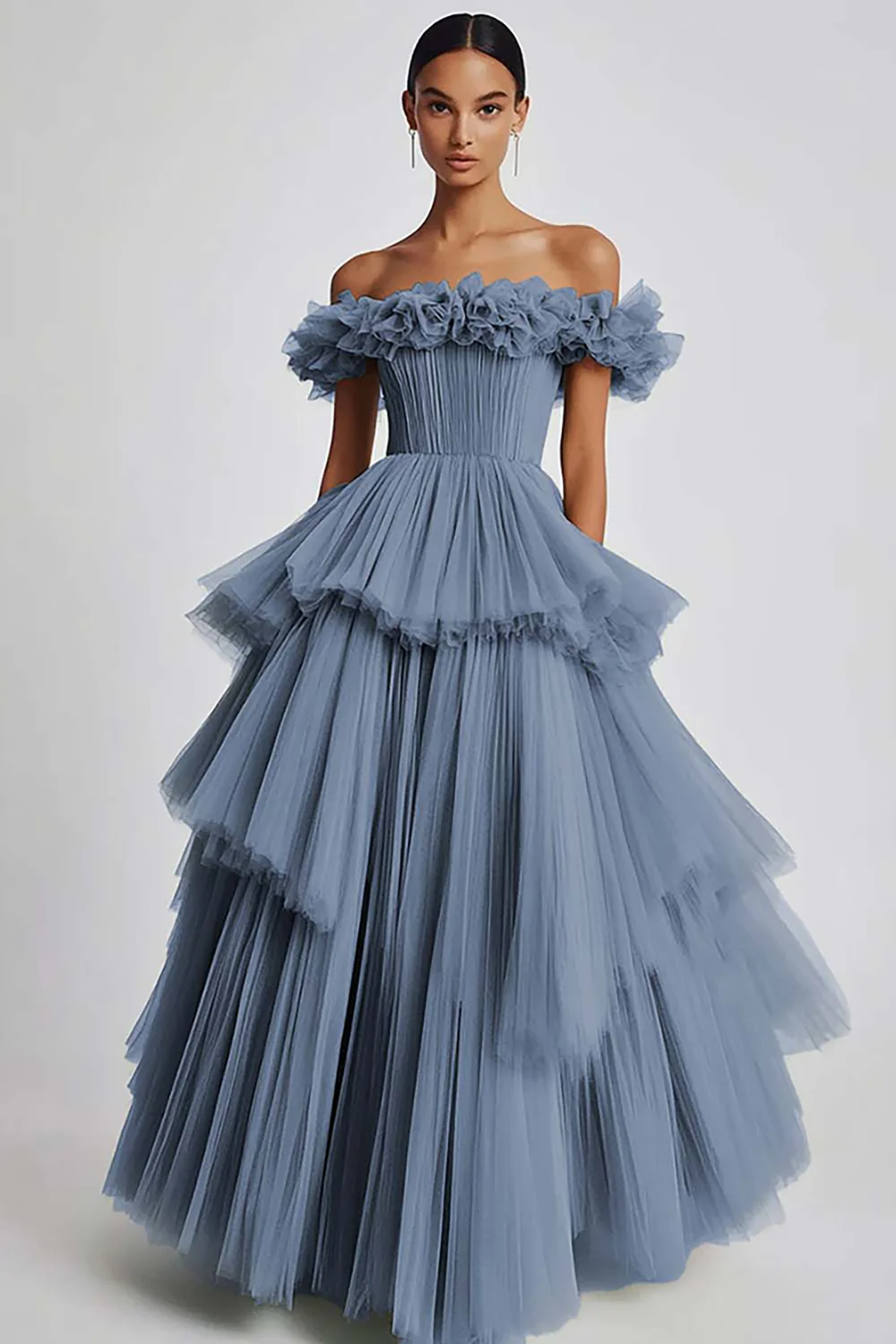Dusty Sage Tulle Off the Shoulder Long Formal Dress with Ruffles - VNBITS