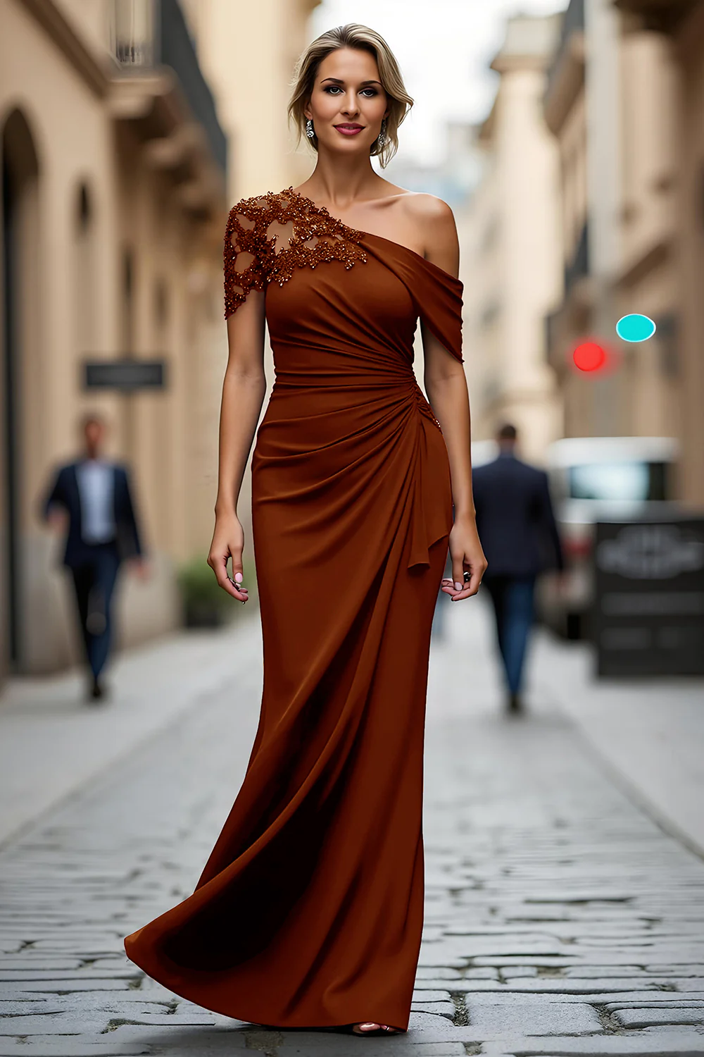 Black One Shoulder Sheath Long Mother of the Bride Dress with Appliques - VNBITS