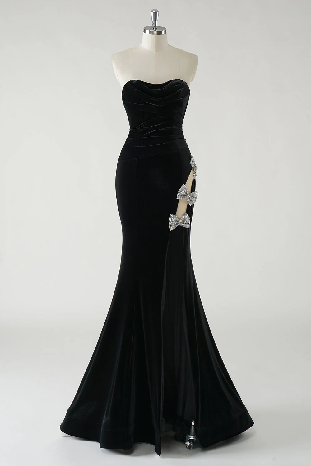 Black Strapless Velvet Sparkly Bows Long Formal Dress With High Slit (Not Gloves) - VNBITS