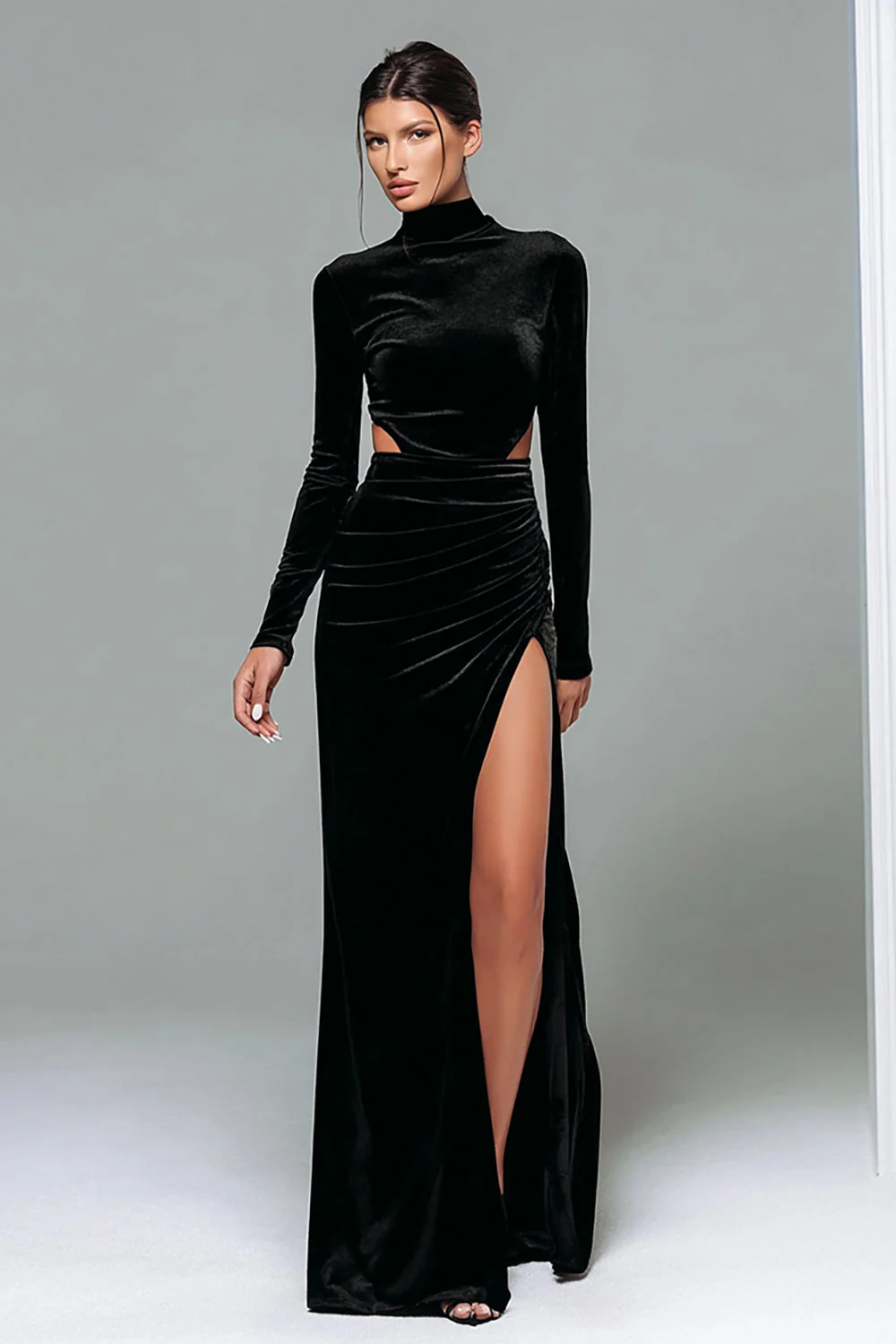Black Velvet High Neck Sheath Long Sleeves Holiday Party Dress with Slit - VNBITS