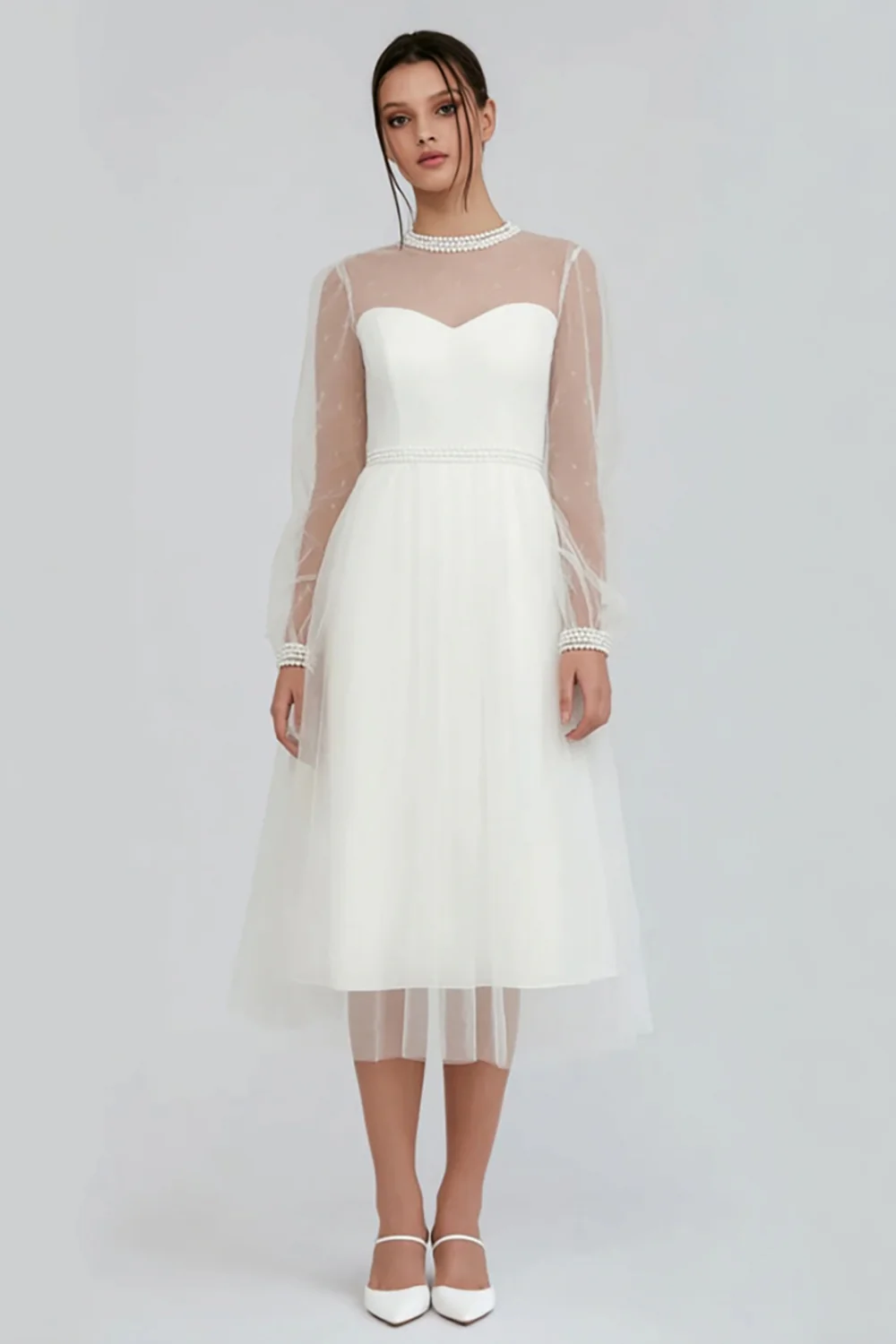 Sparkly White Tulle A Line Midi Engagement Dress with Beading - VNBITS