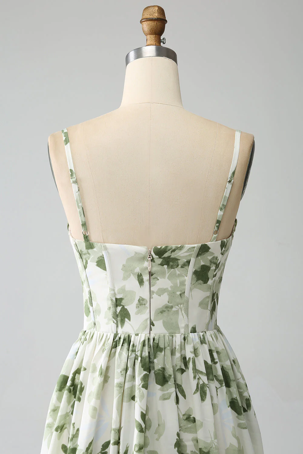 Green A-Line Spaghetti Straps Printed Pleated Long Prom Dress With Slit - VNBITS