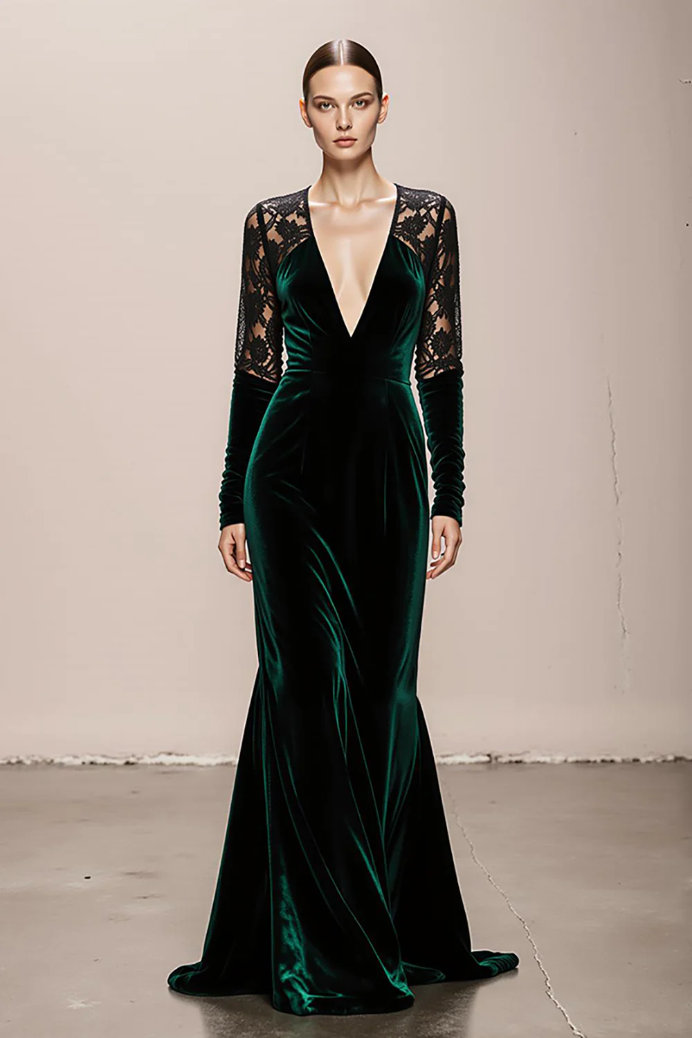 Dark Green V-Neck Velvet Mermaid Long Formal Dress with Lace - VNBITS
