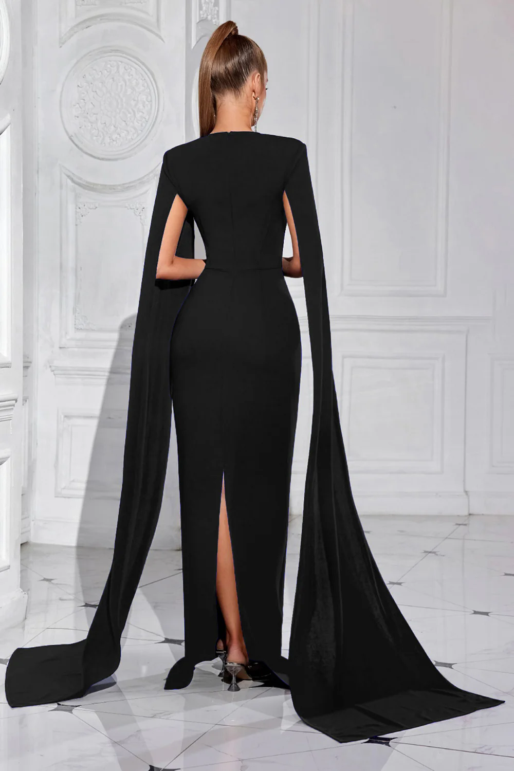 Sparkly Black Sheath Long Prom Dress with Cape - VNBITS