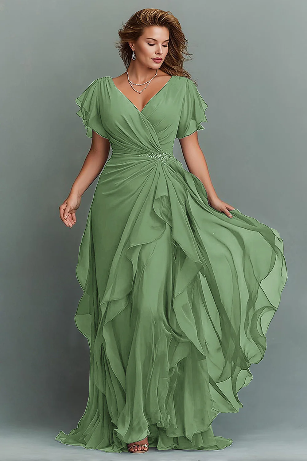 Navy Chiffon V-Neck Ruched Long  with Ruffles - VNBITS