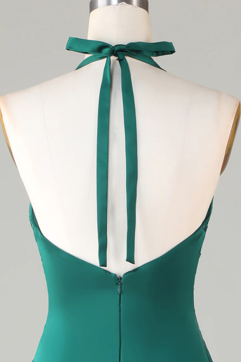 Mermaid Halter Dark Green Long Satin Bridesmaid Dress - VNBITS
