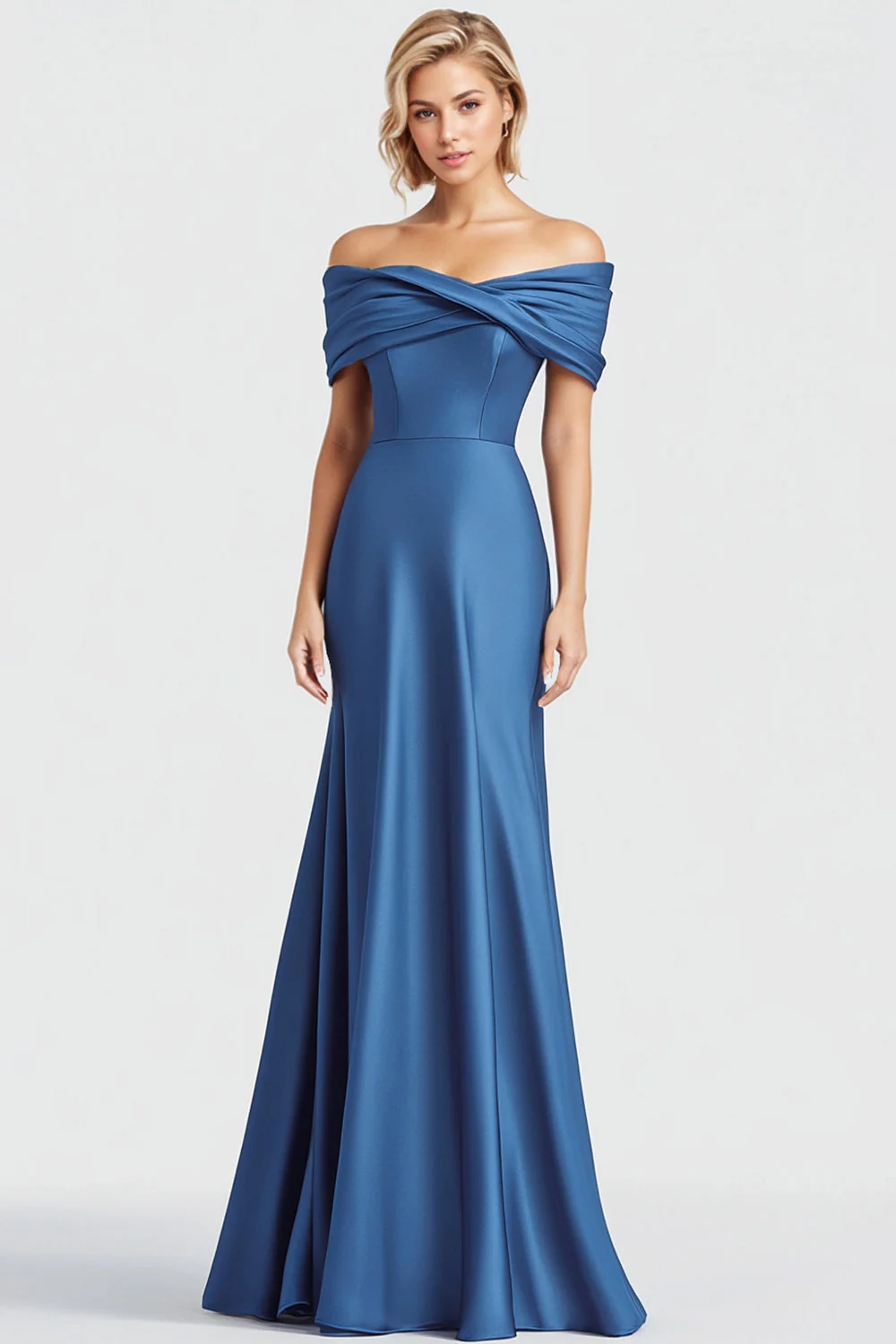 Blue Mermaid Ruched Off the Shoulder Satin Long Formal Dress - VNBITS