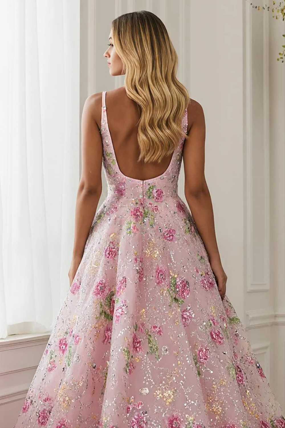Sparkly Pink Embroidered Floral A Line V-Neck Long Prom Dress - VNBITS