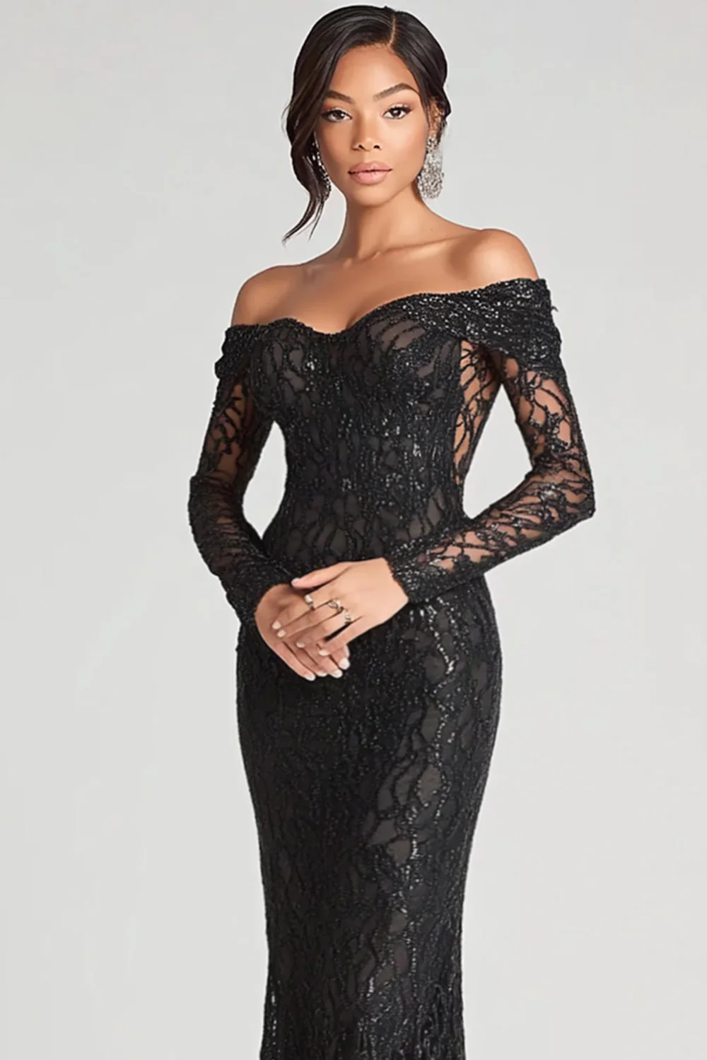 Black Mermaid Off The Shoulder Mesh And Lace Formal Dress - VNBITS
