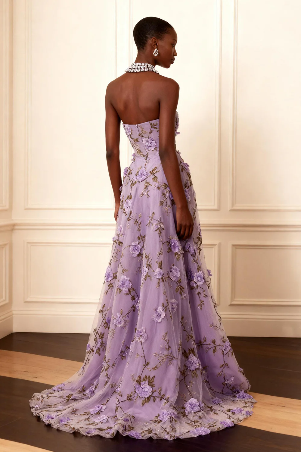 Purple Strapless A Line Floral Corset Long Prom Dress - VNBITS