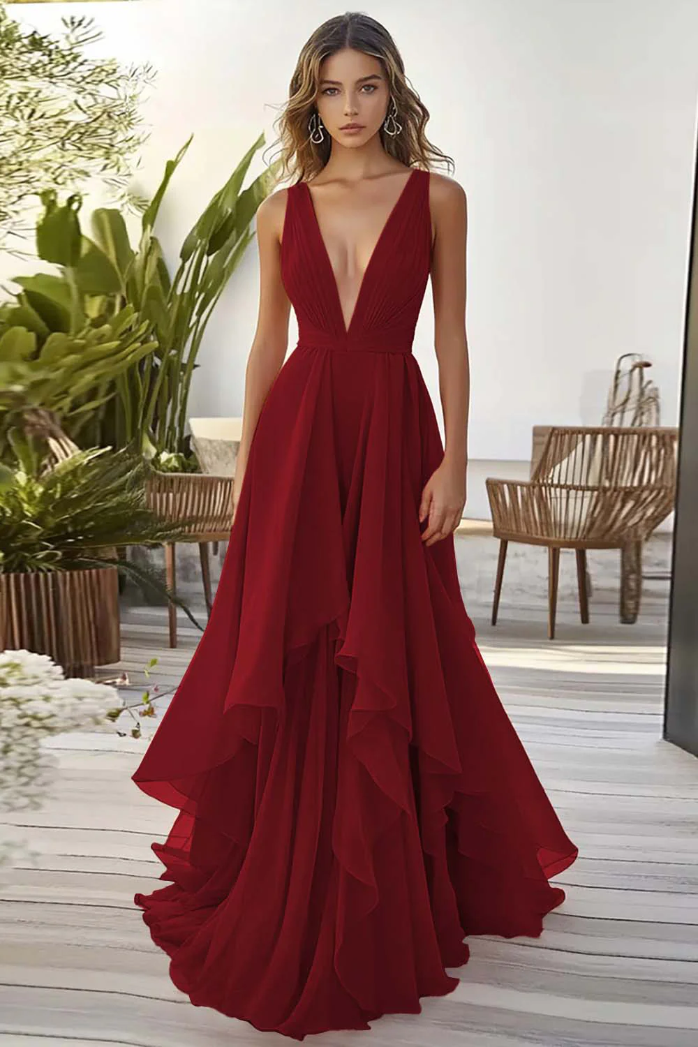 Dusty Blue Chiffon Deep V-Neck A Line Long Wedding Guest Dress with Ruffles - VNBITS