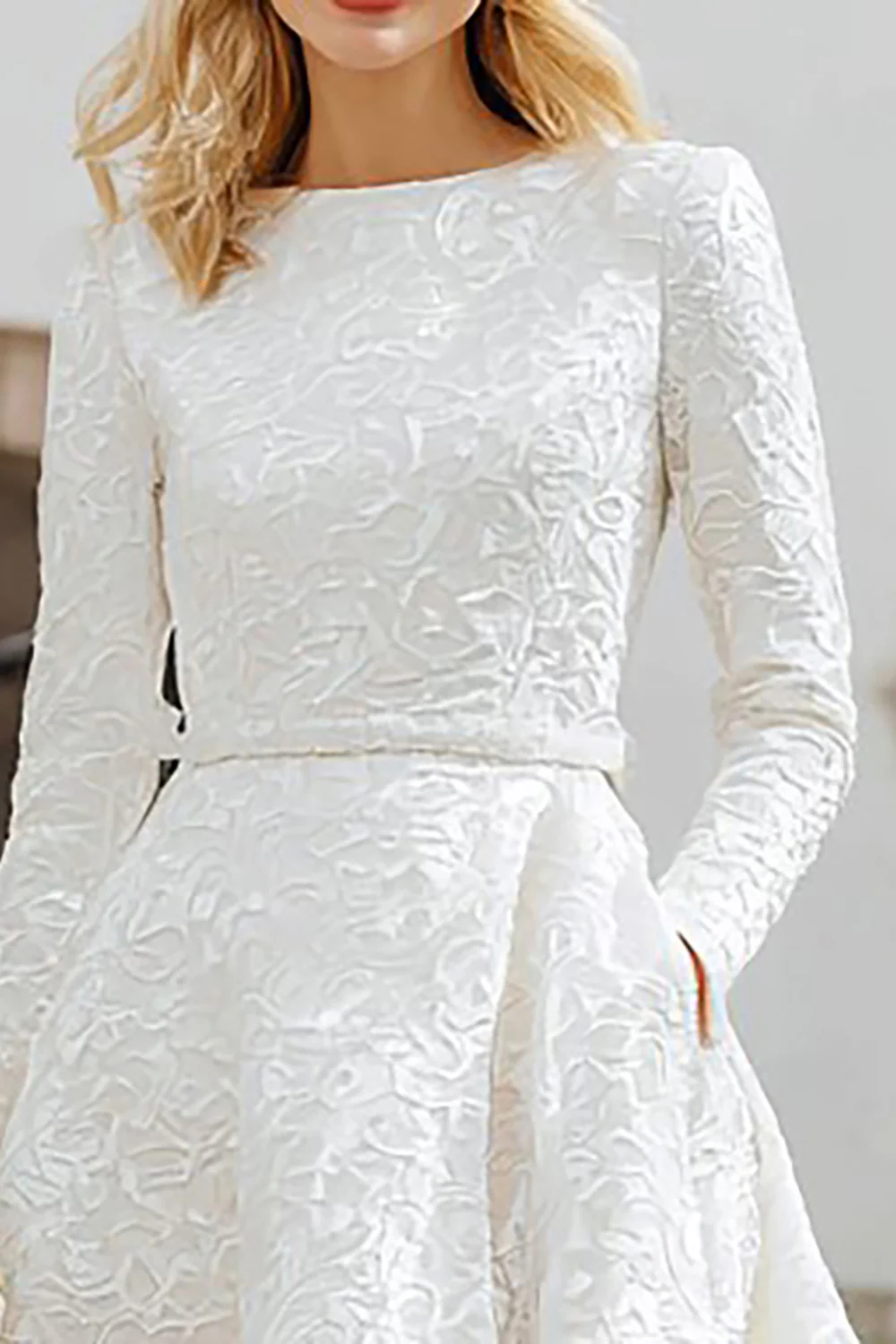Ivory A Line Boat Neck High-Low Engagement Dress with Pockets - VNBITS