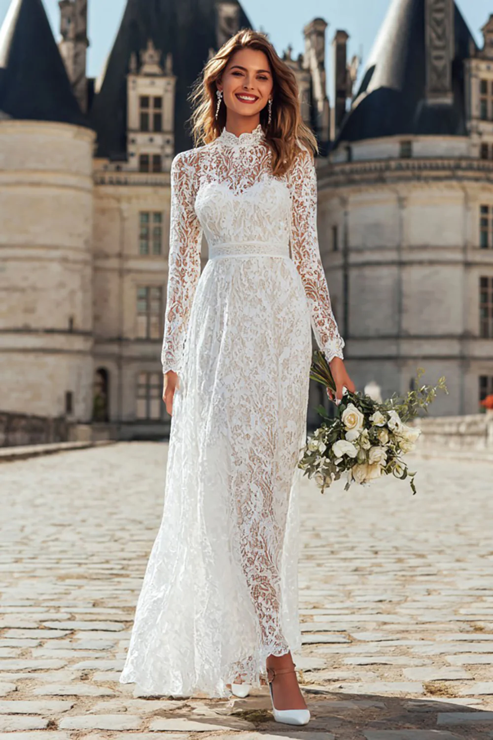 Ivory Lace High Neck Floor Length Wedding Dress with Sleeves - VNBITS