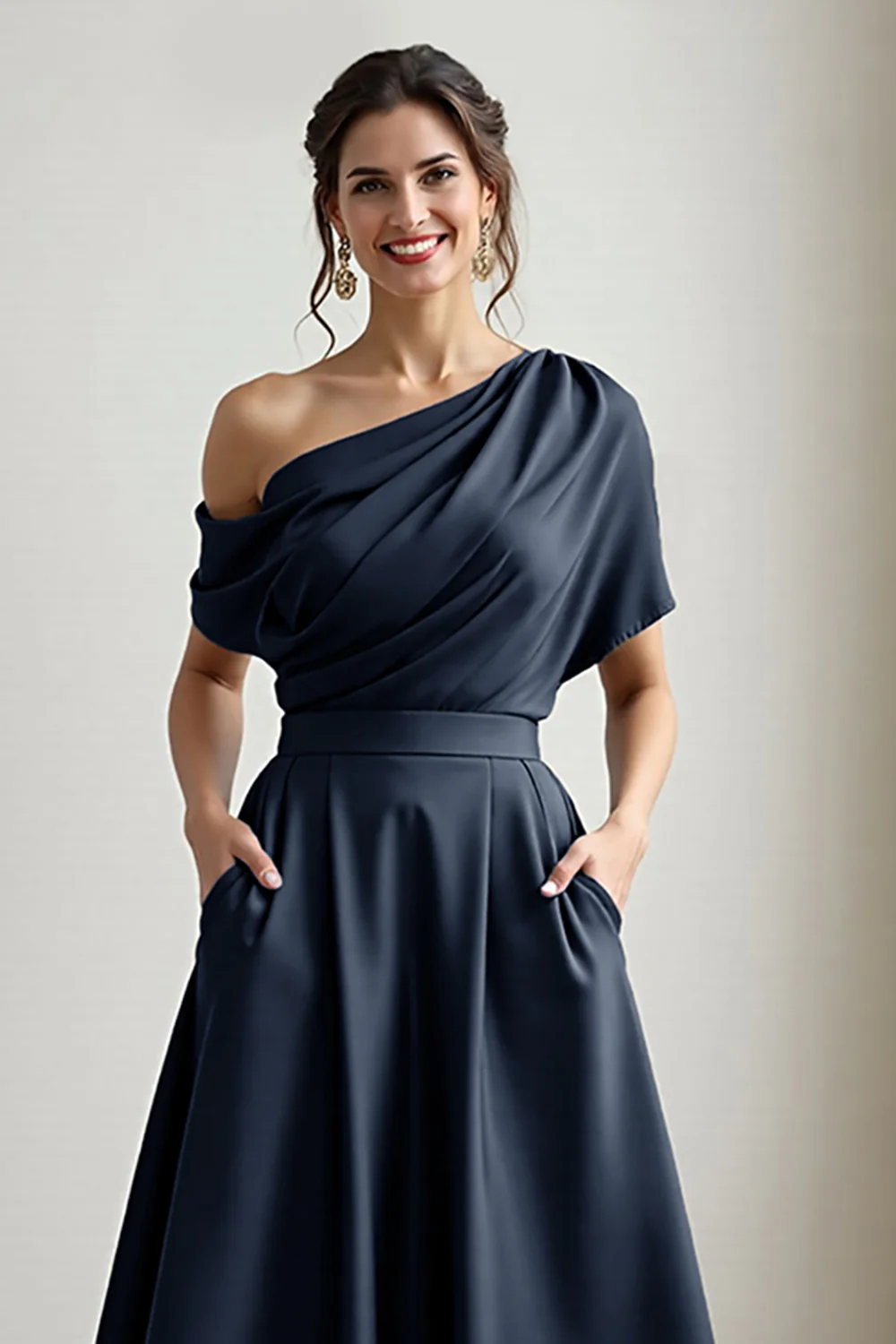 Black A Line Long Satin Mother of the Bride Dress with Pockets - VNBITS