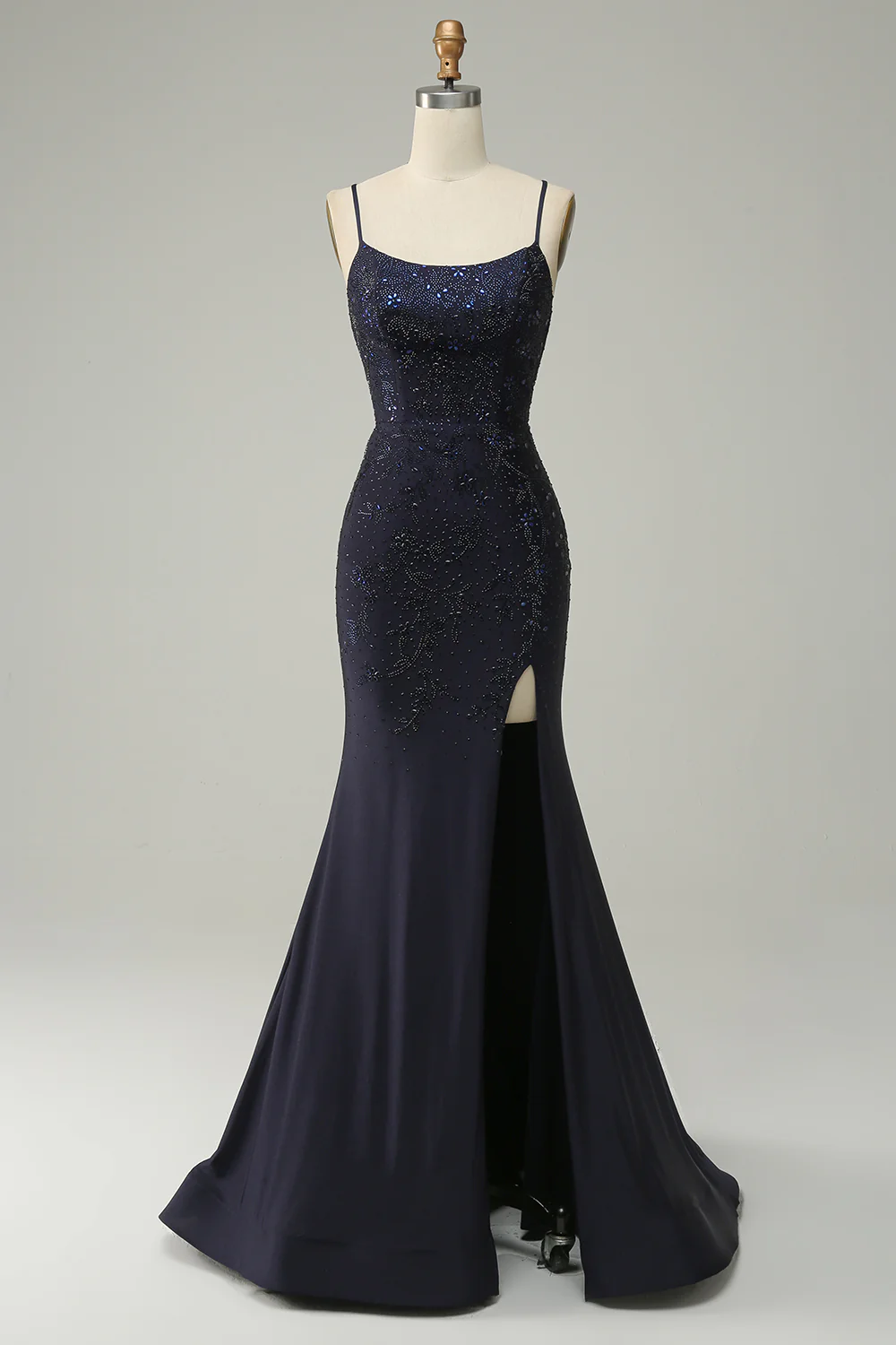 Navy Strapless Sweetheart Beaded Prom Dress with Split - VNBITS