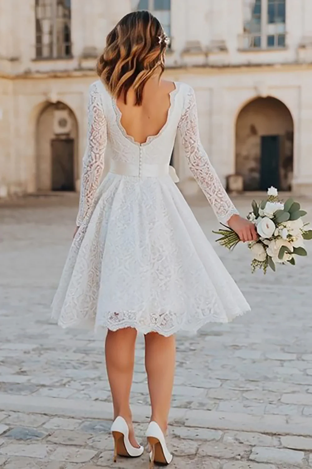 Ivory Lace A Line Midi Boho Wedding Dress with Sleeves - VNBITS