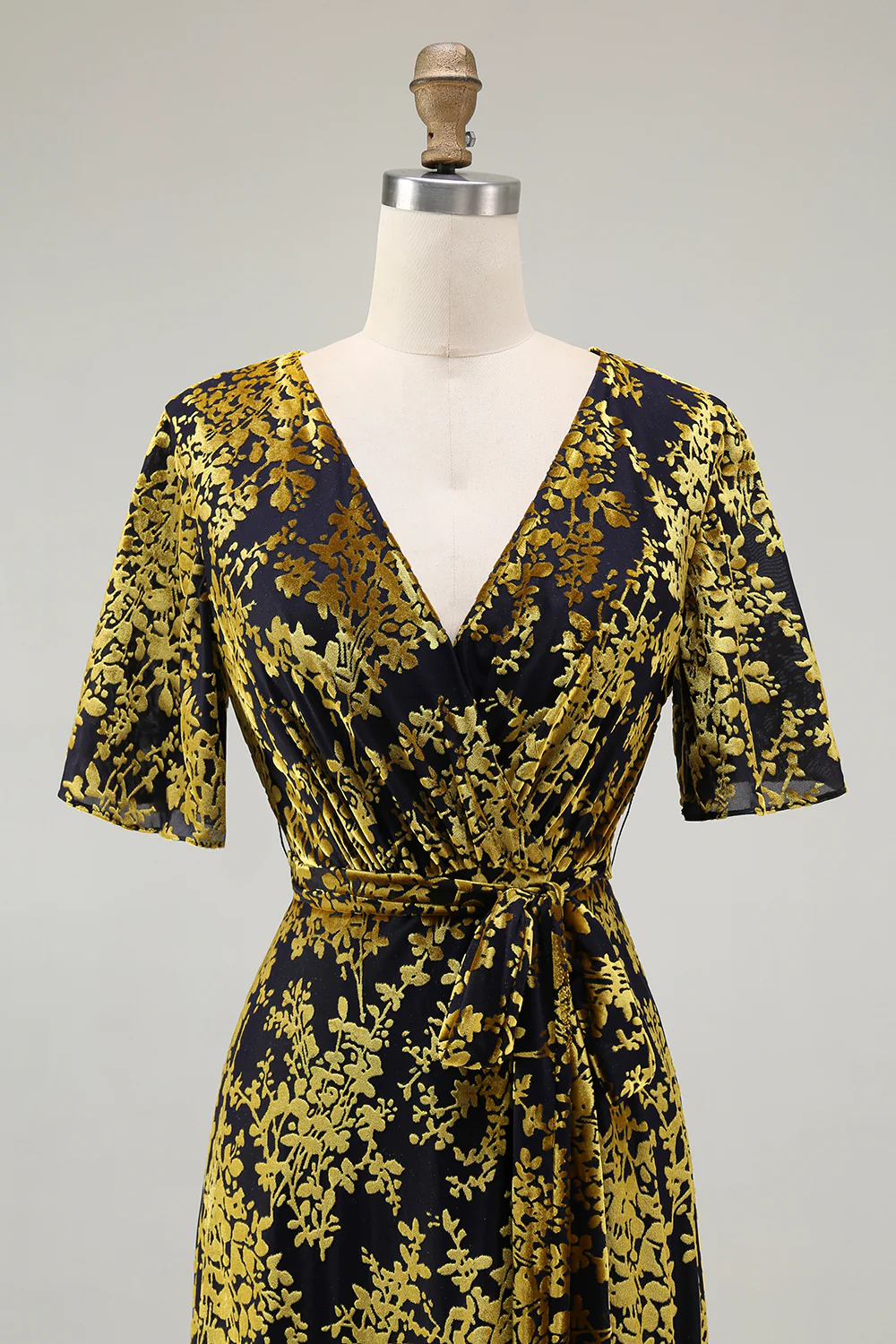 Golden Purple Velvet Burnout V-Neck A-Line Long Wedding Guest Dress - VNBITS