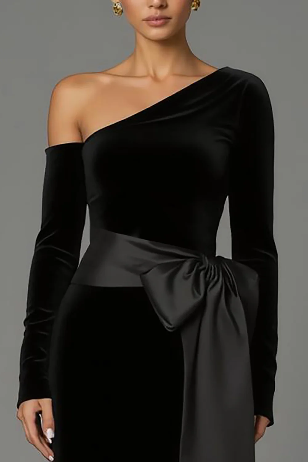 Black One Shoulder Long Sleeves Velvet Holiday Party Dress with Bow - VNBITS
