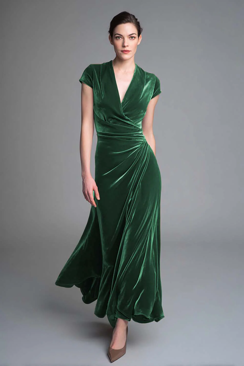Caramel Velvet Ruched V Neck Long Holiday Party Dress with Sleeves - VNBITS