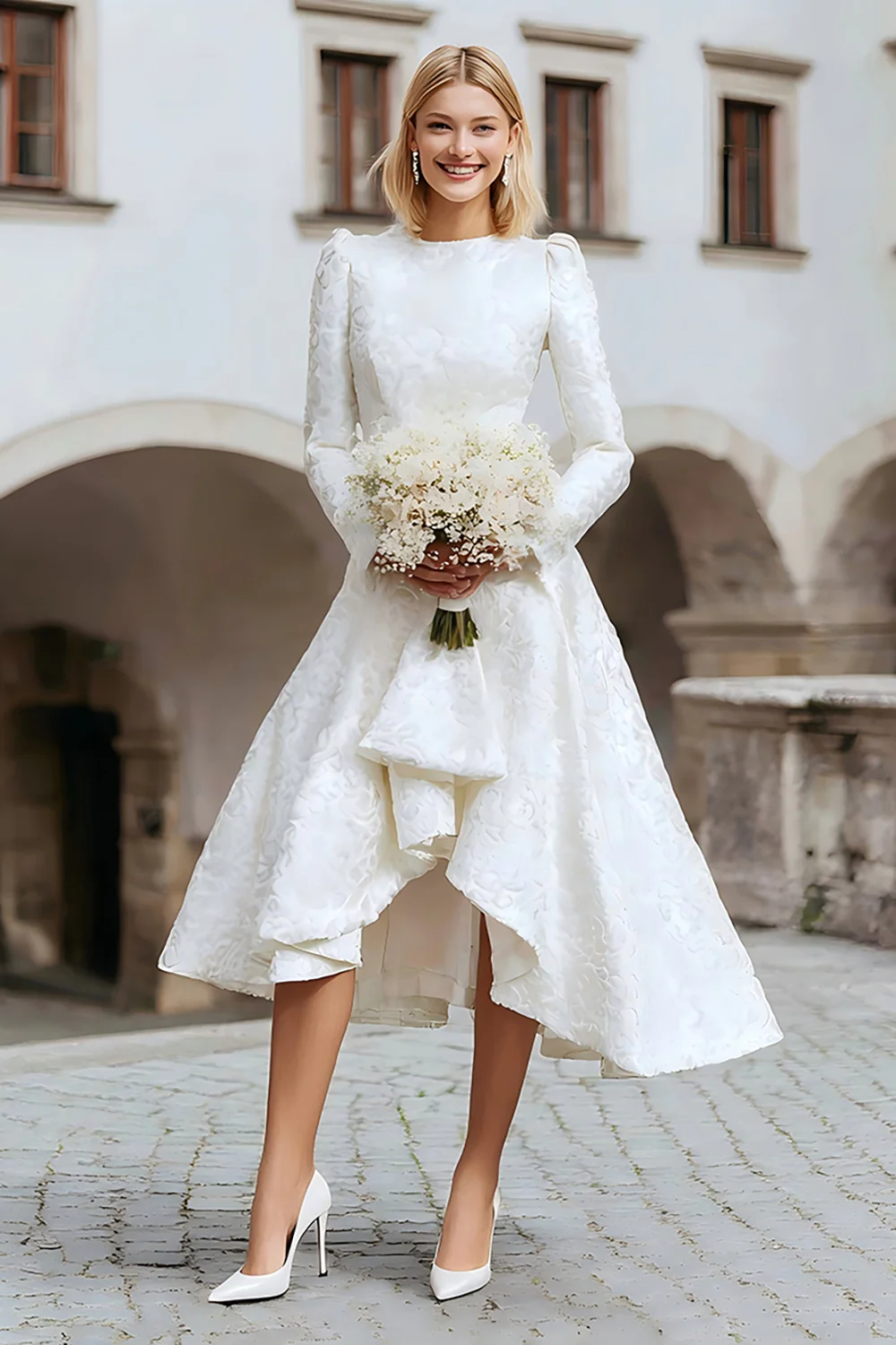 Ivory A Line Round Neck High-Low Wedding Dress with Sleeves - VNBITS