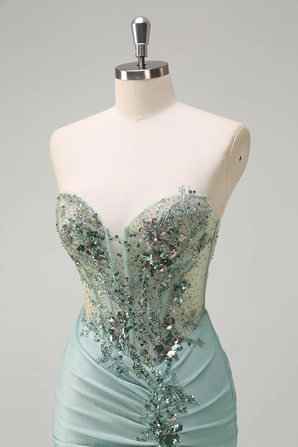 Grey Green Mermaid Sequined Sweetheart Long Prom Dress with Slit - VNBITS
